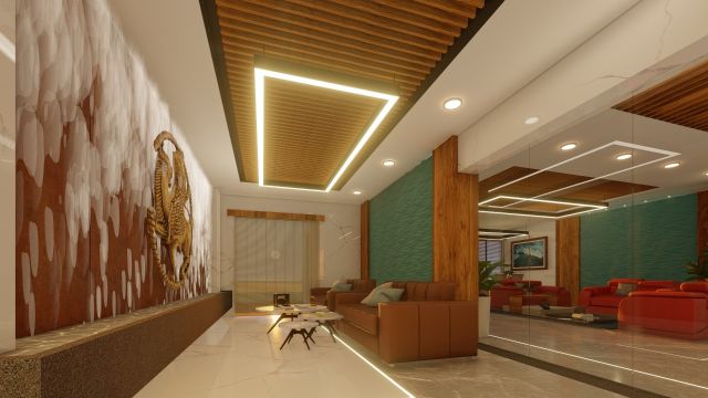 Contemporary Office Waiting Area With Wooden Baffle Ceiling